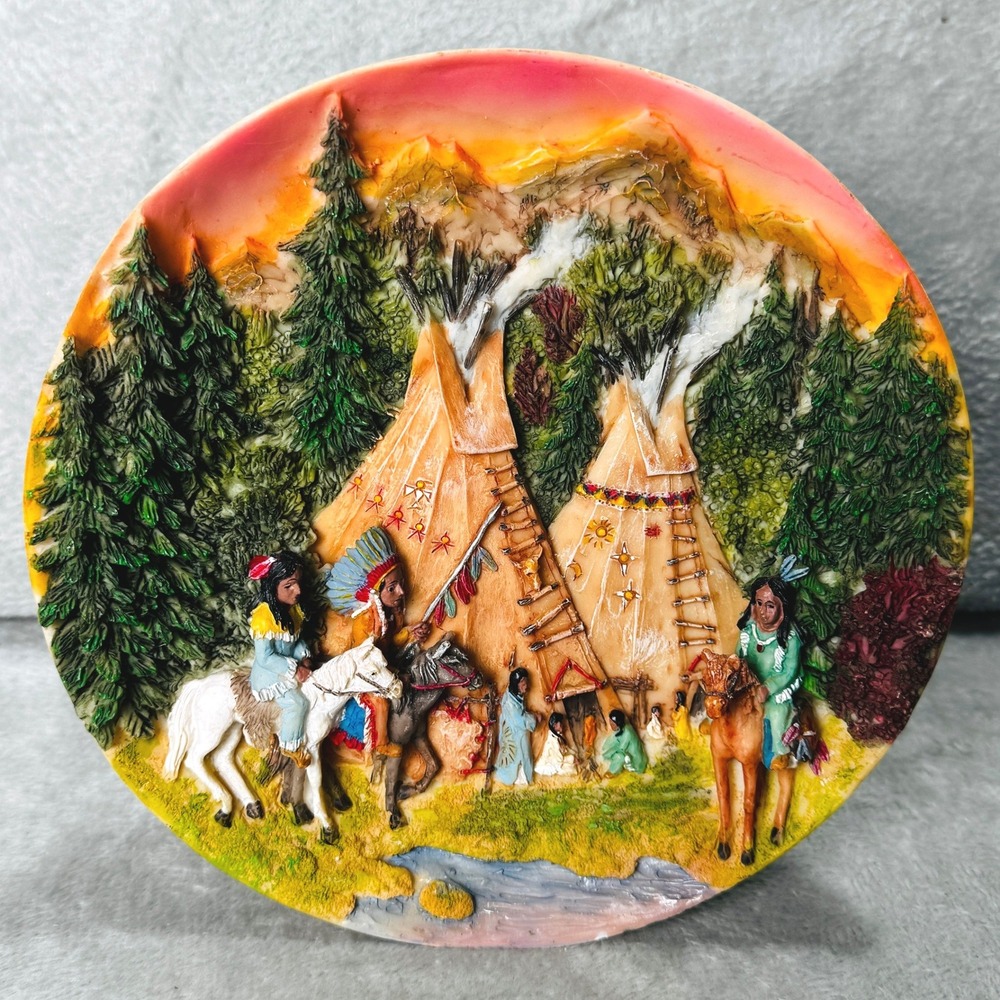 Vintage Native American Teepee Southwest Scene 3D Resin Plaque Wall Decor Stand